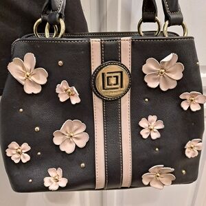 Liz Claiborne Black and Pink Floral Applique Shoulder Bag